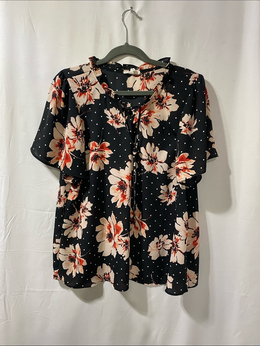 Maurices Black Floral Tie-Neck Blouse with Peach & Coral Blooms